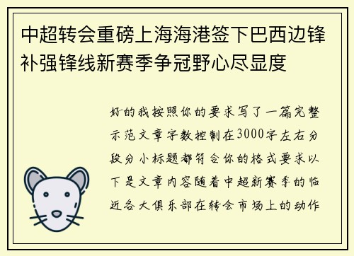 中超转会重磅上海海港签下巴西边锋补强锋线新赛季争冠野心尽显度