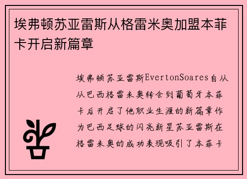 埃弗顿苏亚雷斯从格雷米奥加盟本菲卡开启新篇章