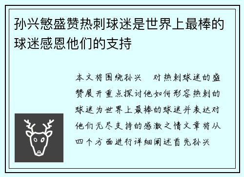 孙兴慜盛赞热刺球迷是世界上最棒的球迷感恩他们的支持